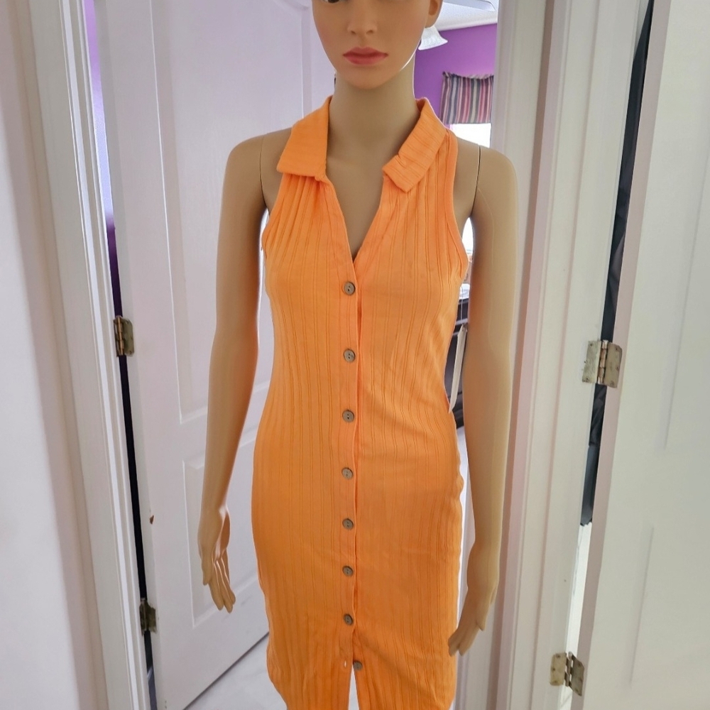 Sleeveless Ribbed Button-Front Dress in Bright Orange